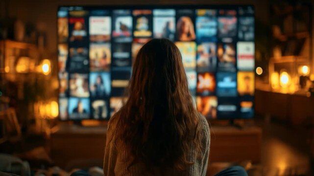 Woman watching a large screen displaying many movie tiles in a dimly lit room