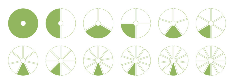 Divided circular diagrams on from 1 to 12 equal parts. Segments green wheel round infographic. Set of coaching blank templates. Graph pie, pizza shape section charts icons collection.