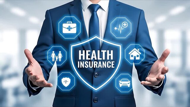 Businessman presenting health insurance coverage options family home car protection medical care