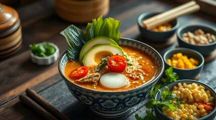 Stir fried vegetables and pasta with herbs in a pan for a healthy dinner.