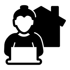 House with chimney and woman with laptop solid icon, remote work concept, home office vector sign on white background, glyph style icon mobile concept web design. Vector graphics.