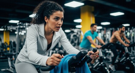 Woman training in spinning session at gym focused on indoor cycling workout and endurance.