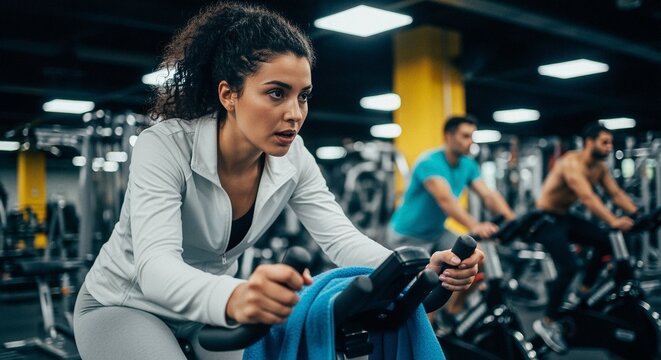 Woman training in spinning session at gym focused on indoor cycling workout and endurance.