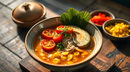 Stir fried vegetables and pasta with herbs in a pan for a healthy dinner.