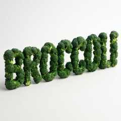 The word “BROCCOLI” formed using realistic broccoli florets and stems, with natural green texture and soft shadows, isolated on pure white background — fresh, healthy food typography concept