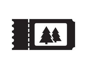 Black ticket icon with two pine trees inside, isolated on white background