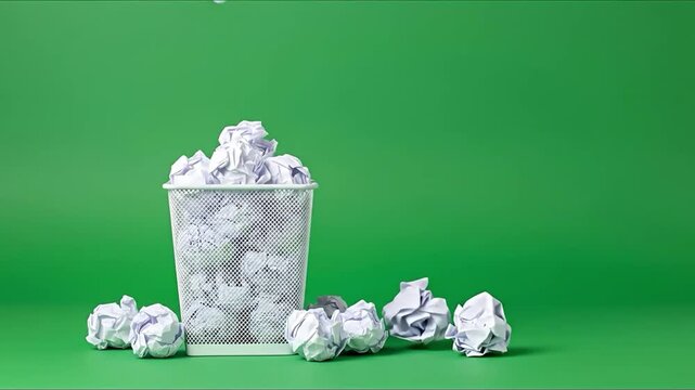 Crumpled paper balls tossed into a white mesh waste bin against a vibrant green background