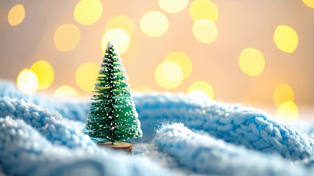 A tiny Christmas tree sits nestled in a soft, knitted blue and white scarf against a background of warm golden bokeh lights. Symbolizes winter comfort, cozy holidays, and festive tranquility.
