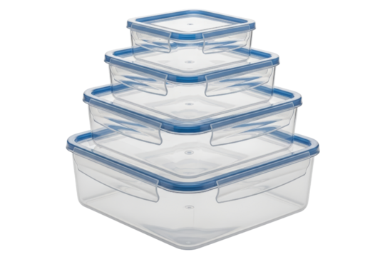 Set of stacked square plastic food containers with airtight lids on a transparent background