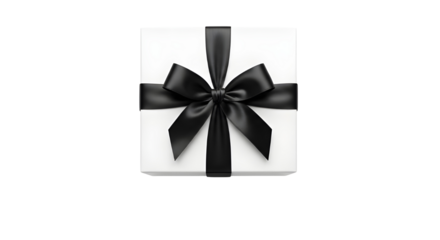 Elegant square white gift box with black satin ribbon bow for luxury present packaging design isolated PNG with Transparent Background