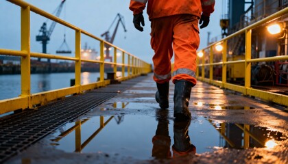 Industrial worker walking on wet dock in port wearing orange safety uniform and boots.