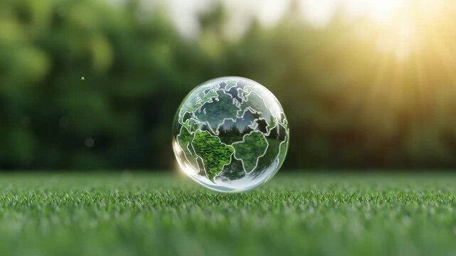 A glass globe representing Earth on green grass.