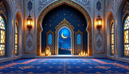 Obraz premium Stunning Ramadan Kareem Background with Moonlit Archway Indoor Space Digital Art Tranquil Atmosphere