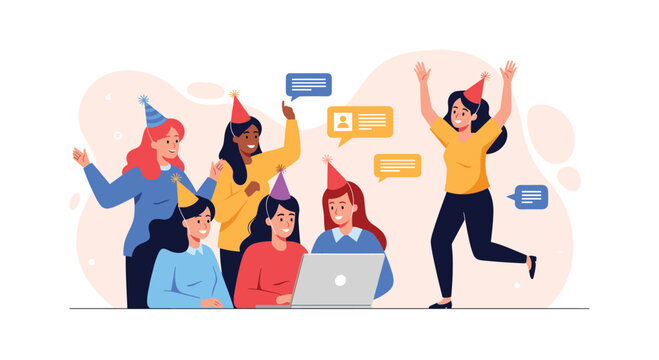 Diverse group of happy female friends wearing party hats and celebrating together online with a laptop, showing friendship and virtual connection in a modern illustration.