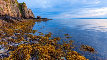 Serene coastal landscape with rocky cliffs and vibrant seaweed at low tide under a blue sky