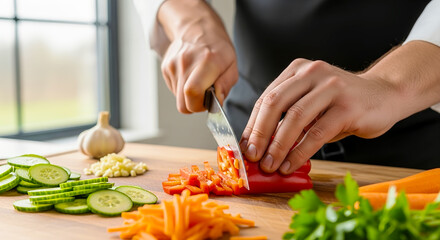 Chef cutting fresh vegetables on wooden board
