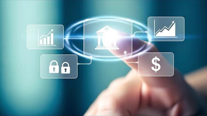 Finger touching digital banking interface financial growth security currency icons on futuristic - Powered by Adobe