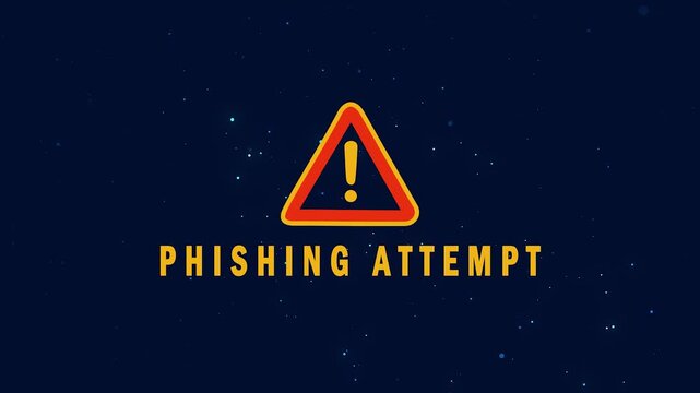 warning about phishing attempts animation on blue background with particles. Bright neon red and yellow signs with messages for email security, cybersecurity.
