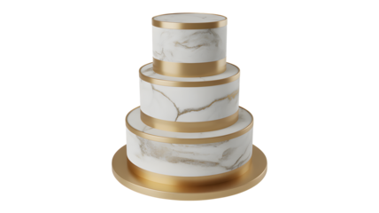 An elegant three tier cake with white marble pattern and gold accents stands isolated, a beautiful celebration cake as a transparent PNG.