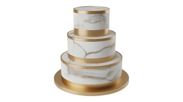 An elegant three tier cake with white marble pattern and gold accents stands isolated, a beautiful celebration cake as a transparent PNG.