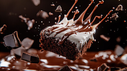 Indulgent Chocolate Brownie Slice with Creamy Topping in Mid-Air Display with copy space for National Brownie Day, National Brownies at Brunch Month