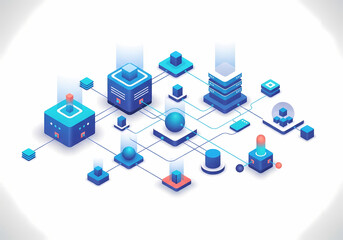 Fototapeta premium Isometric Distributed Cloud Network - Modern Tech Illustration for Business