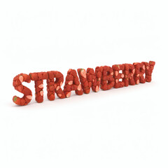 The word “STRAWBERRY” made from juicy red strawberries with seeds and green leaves, realistic glossy texture, soft shadows, isolated on pure white background — sweet fruit typography concept