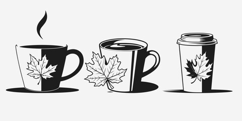 Obraz premium coffee cup with autumn leaf sketch illustration vector set