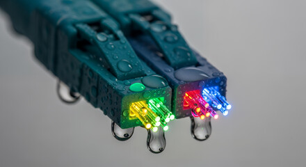 Close up of two green christmas light strings with red blue and yellow led bulbs illuminated against a neutral background