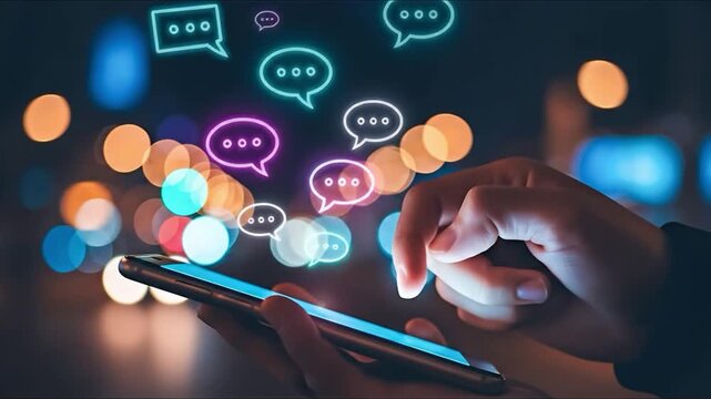 Glowing neon speech bubbles emerge from smartphone screen as finger scrolls through digital - Powered by Adobe