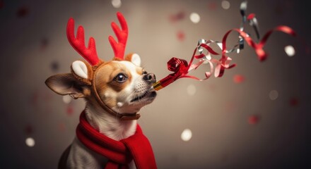 Cute chihuahua wearing reindeer antlers and red scarf with confetti — ideal for holiday, funny pet and Christmas content.
