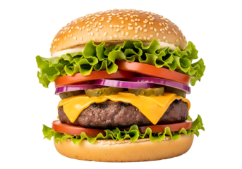 Delicious burger with toppings on transparent background