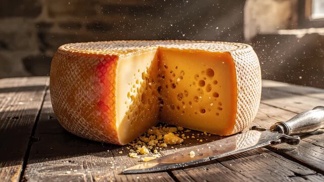 Cutting Round Cheese Wheel on Wooden Table With Cheese Knife