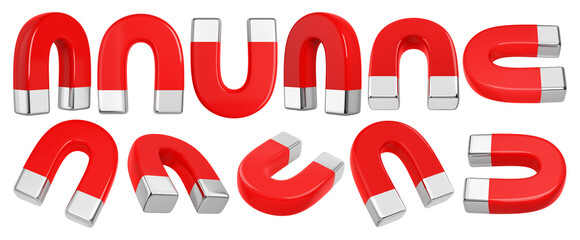 Isolated red horseshoe magnets set. 3D rendering.