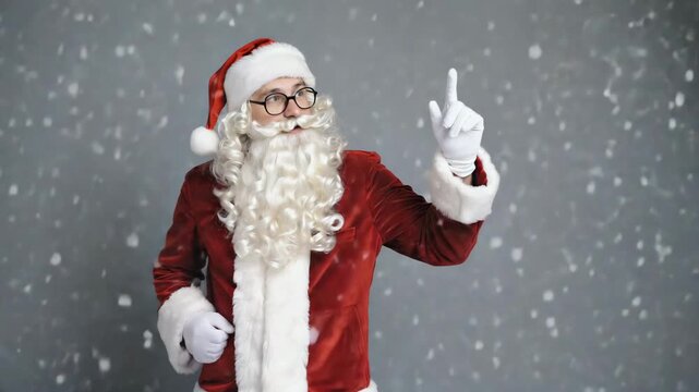 Santa Claus in traditional red costume standing on solid gray background with copy space