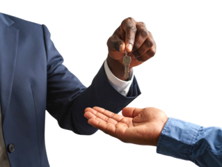  Close-Up of Real Estate Agent Hand Passing Keys to Homebuyer, Front View, Isolated on Transparent Background