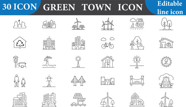 Green town icon set isolated on white background, editable line icon style