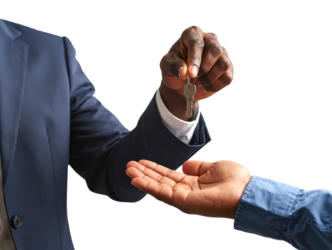  Close-Up of Real Estate Agent Hand Passing Keys to Homebuyer, Front View, Isolated on Transparent Background