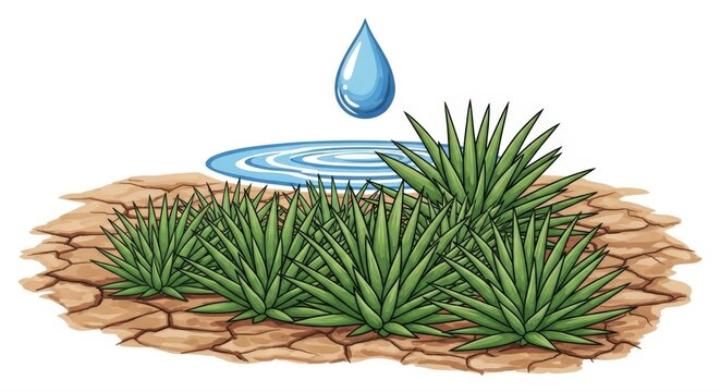 Precious water drop falling onto arid cracked earth nurturing green plants