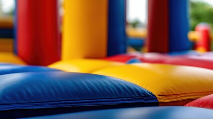 Colorful inflatable bounce house with vibrant blue, red, and yellow sections, inviting children to play