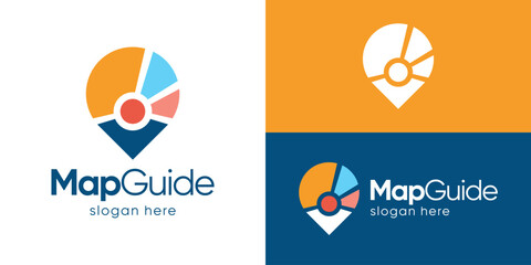 Creative simple map guide logo template. Map pin location point logo design vector illustration.