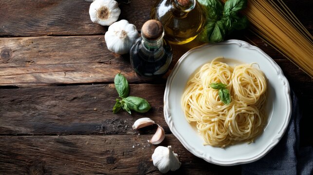 Plate of spaghetti with basil garlic oil and vinegar on a rustic wooden table