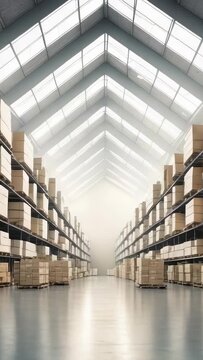 Vertical video: Maintaining camera showing main aisle in warehouse to emphasize scale, with racks