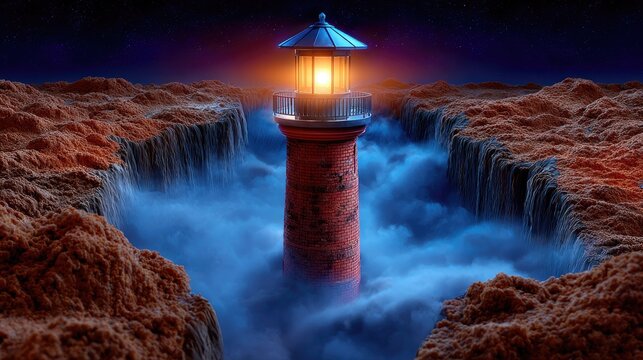 Lighthouse illuminated in canyon at night digital illustration