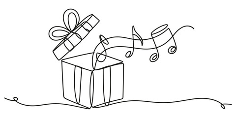 Minimalist line art drawing of a gift box with music notes emerging.