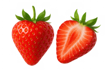 Fresh ripe strawberry and half berry with green leaves, sweet fruit representing healthy eating and summer dessert on transparent background