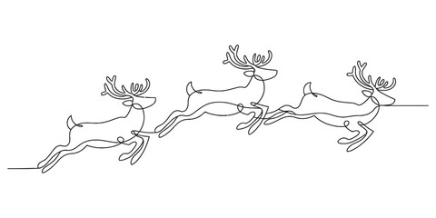 Minimalist continuous line art drawing of three leaping reindeer