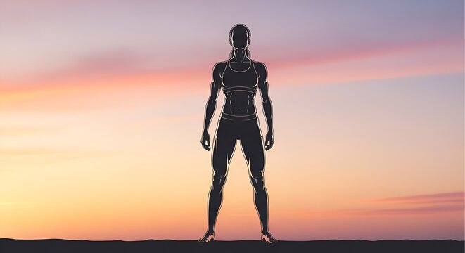 Silhouette of an athletic woman standing against a gradient sunset sky, exuding strength and calm.