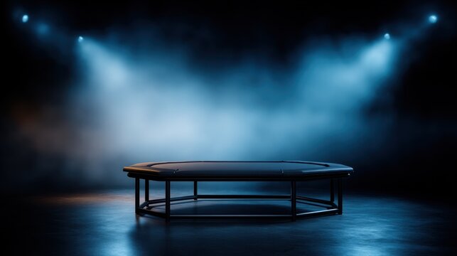 A sleek, modern poker table illuminated by dramatic lighting in a moody, atmospheric setting - Powered by Adobe