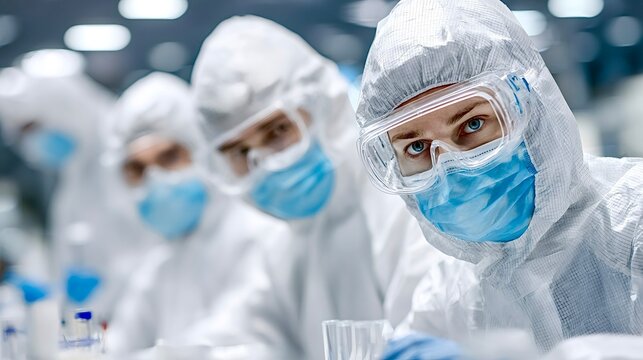 Scientists working in hazmat suits researching new pandemic virus